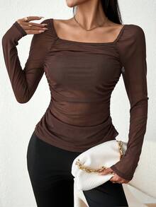SHEIN Privé Solid Color Mesh Square Neck Pleated Long Sleeve Top - Brown - View 2