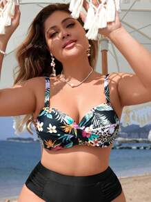 Swim Lushoire Top de bikini con estampado floral y drapeado para mujer de talla grande para la playa de verano - Multicolor - Ver 1