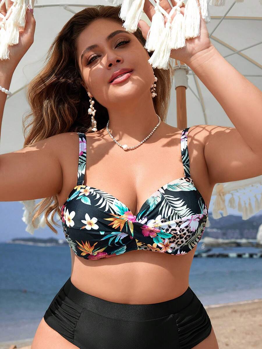 Swim Lushoire Top de bikini con estampado floral y drapeado para mujer de talla grande para la playa de verano - Multicolor - Ver 1