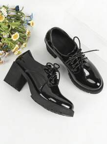 女款厚底粗跟泵鞋,黑色,防水平台,厚底,瑪莉珍,鞋帶,適用於工作,專利皮革 - 黑色 - 查看 1