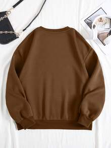 SHEIN LUNE 標語印花圓領套頭衛衣 - 咖啡棕 - 查看 2
