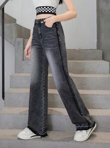 Tween Girls' Leisure Fashionable Vintage Frayed Straight Washing Jeans - Black - View 5