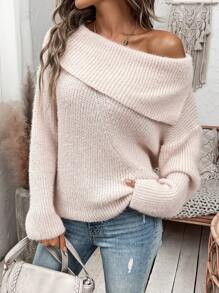 Chiquease Áo len thả vai cổ bất đối xứng cho nữ - Hồng - Xem 3