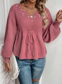 SHEIN Essnce Sweater With Bead Decoration And Tie-Up Design - Rose Red - View 3