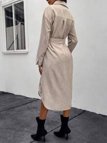 SHEIN LUNE Corduroy Trench Coat With Lapel Collar, Belt And Flap Pockets - Khaki - View 2