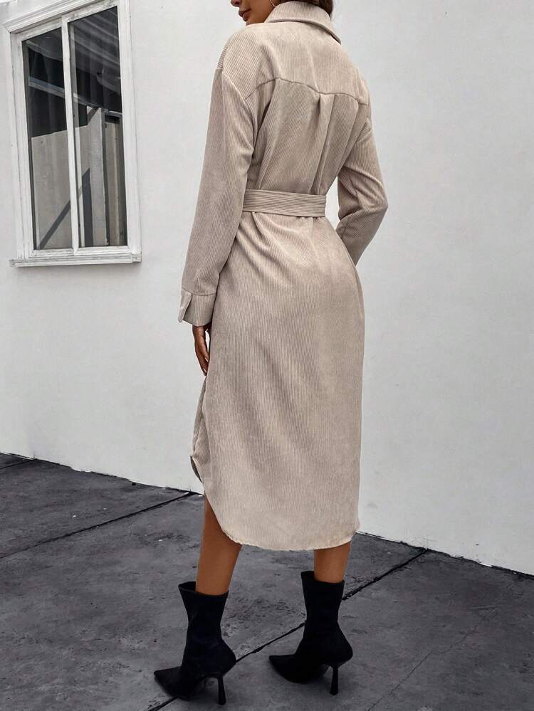 Corduroy Trench Coat With Lapel Collar, Belt And Flap Pockets