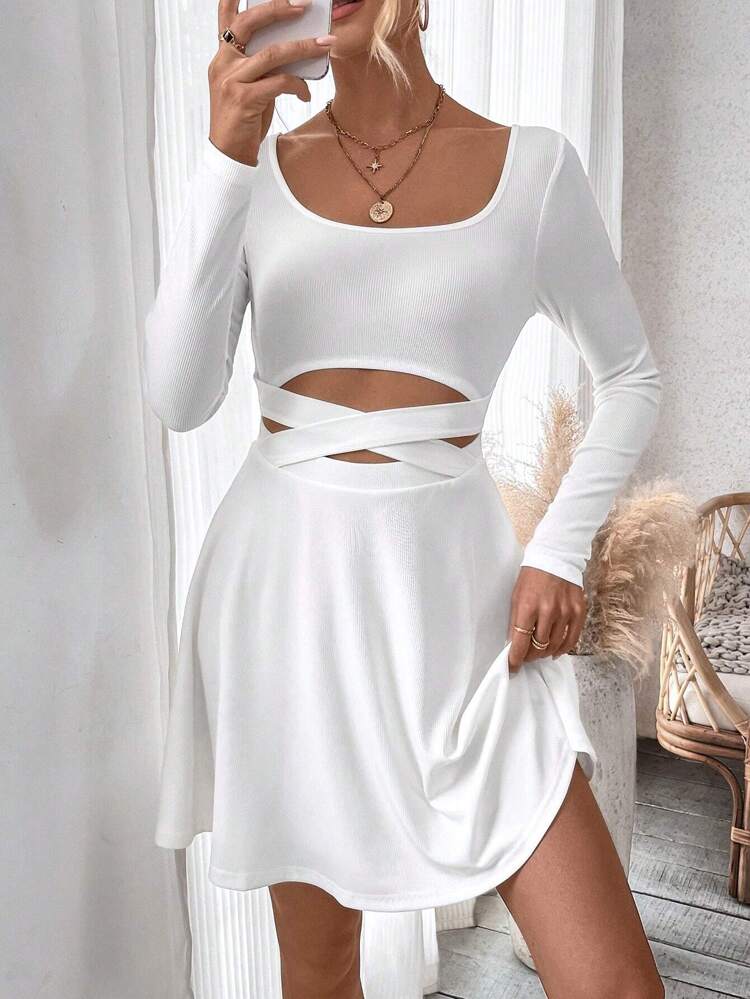 Criss Cross Cut Out Waist A-Line Dress Fall Cloth For Women