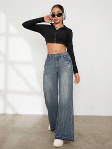 Women's Wide Leg Denim Pants - Blue - View 6