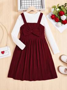 Cô gái Tween Áo phông trơn & Nơ mặt trước Váy Dây - Đỏ - Xem 1