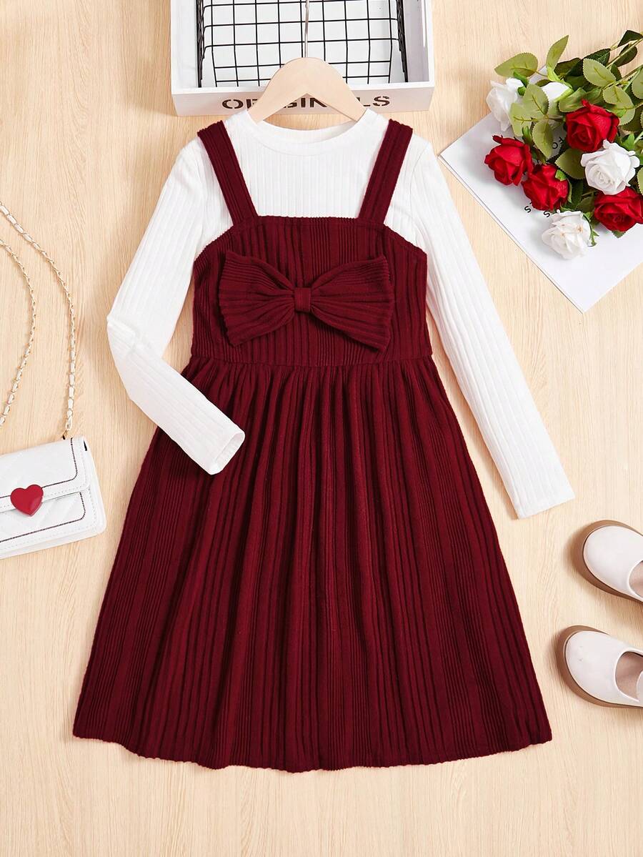 Cô gái Tween Áo phông trơn & Nơ mặt trước Váy Dây - Đỏ - Xem 1