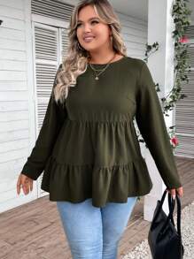 EMERY ROSE Plus Size Women's Solid Color Round Neck T-shirt With Lotus Leaf Hem - Army Green - View 4