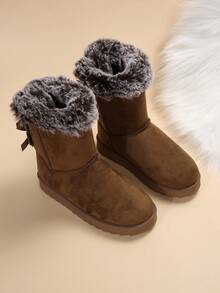 Giày bốt đi tuyết đế dày cao đến giữa bắp chân dành cho nữ, lót giữ nhiệt ấm áp, trang trí nơ, cỡ lớn, hàng mới về mùa đông - màu nâu - Xem 3