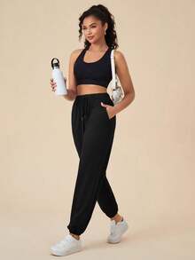 Daily&Casual 女士抽繩腰運動褲 - 黑色 - 查看 5