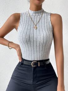SHEIN LUNE 2pcs Mock Neck Ribbed Knit Tank Top - Light Grey - View 6