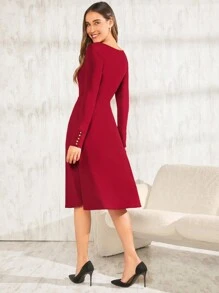 SHEIN Clasi Square Neck A-line Dress Without Belt - Burgundy - View 2