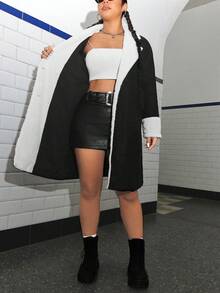 SHEIN EZwear 大尺碼毛領羊毛大衣 - 黑與白 - 查看 8