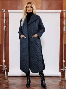 SHEIN LUNE Của phụ nữ Áo khoác Quilted Với To lớn Vòng cổ - Màu xanh hải quân - Xem 1