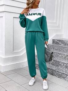 SHEIN LUNE Women's Color Block Letter Printed Drop Shoulder Sweatshirt And Sweatpants Set - Multicolor - View 3