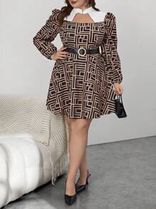 SHEIN Privé Plus Geo Print Lantern Sleeve Dress Without Belt - Brown - View 5