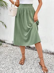 SHEIN VCAY Ladies' Solid Color Knee-length Skirt - Green - View 4