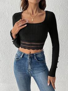 SHEIN Frenchy Quý cô Trang trí ren Hem Áo thun - màu đen - Xem 4