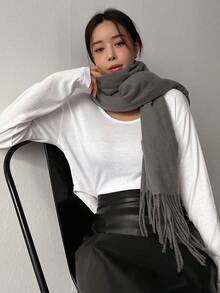 DAZY 1 Miếng Màu thuần Khăn quàng cổ - Màu xám đen - Xem 4