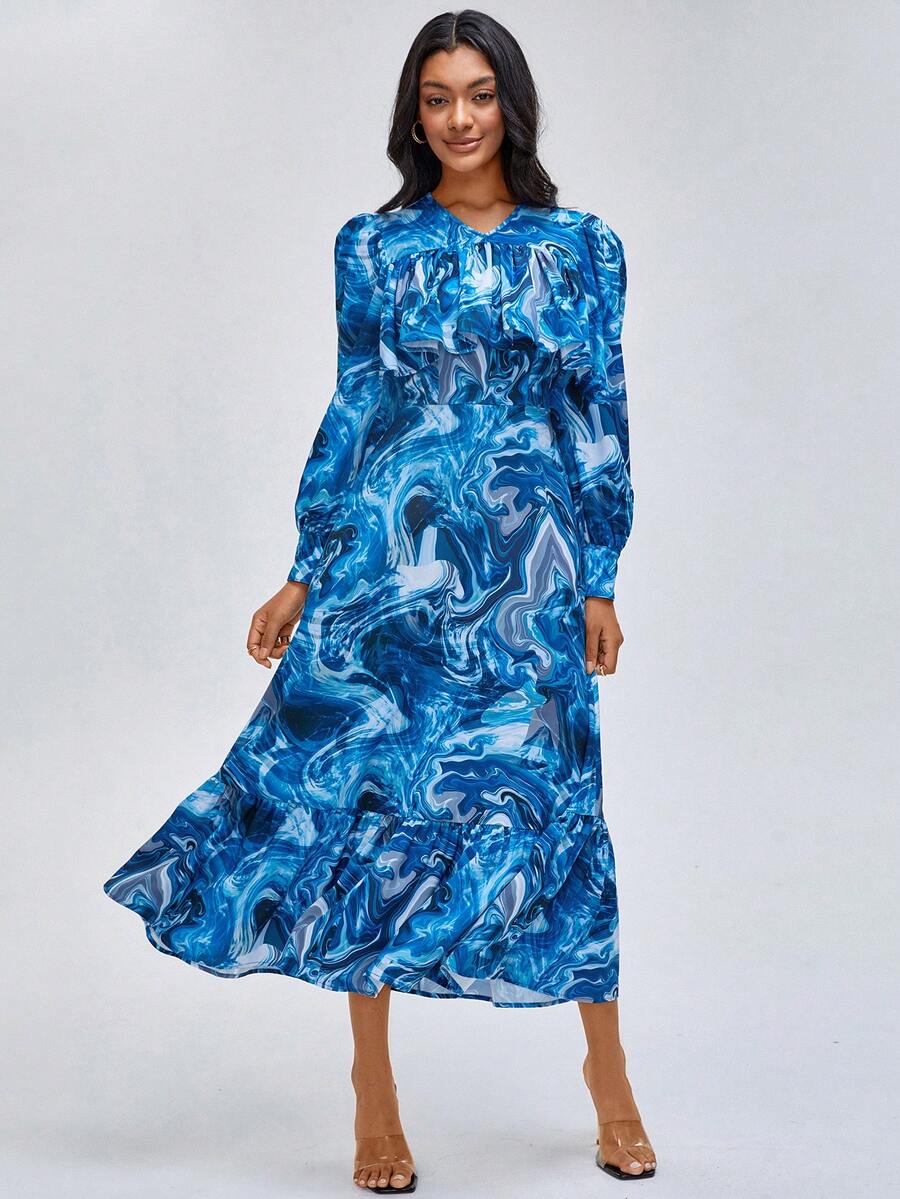 Hena 设计师大理石印花灯笼袖荷叶边下摆优雅连衣裙，适合假期 - 彩色 - 查看 1