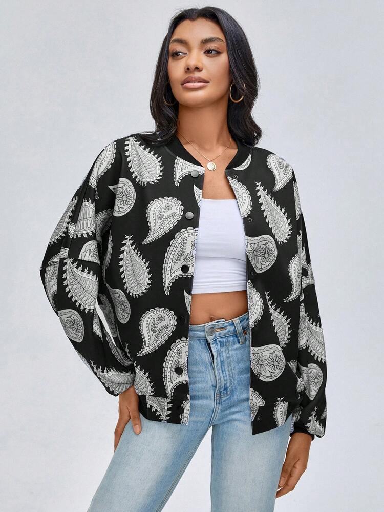 Designer Leaf Print Drop Shoulder Bomber Jacket, For Holiday, Vacation, Spring, Festival, Ibiza Fits