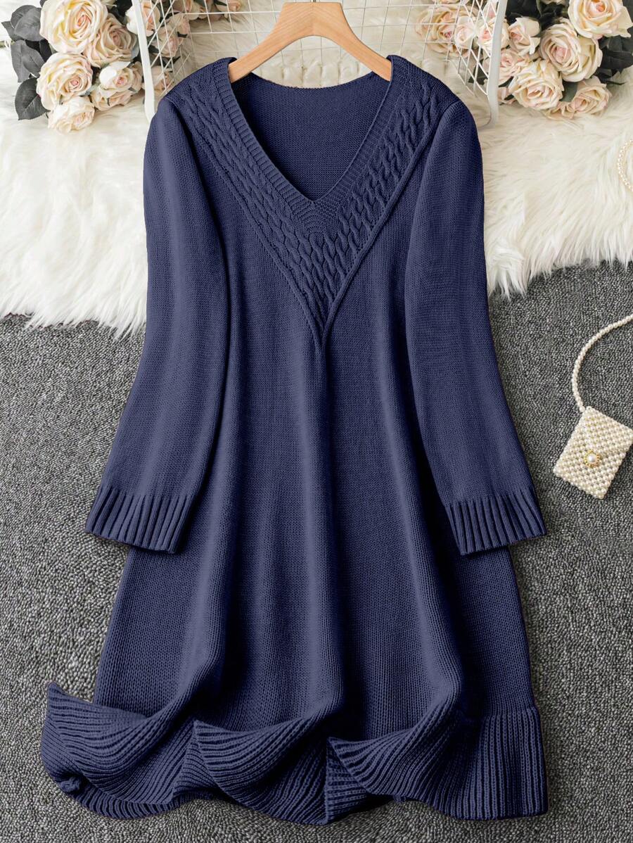 SHEIN Clasi Của phụ nữ Kích thước lớn Cổ chữ V Đầm Áo len - Xanh đậm - Xem 1
