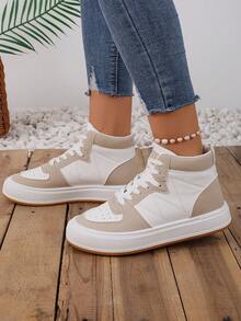 女士高筒運動鞋,休閒,運動,時尚,拼接色塊,厚底白鞋 - 卡其色 - 查看 4