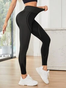 Running 無縫高腰運動緊身褲 - 黑色 - 查看 3