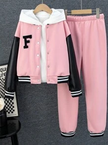 SHEIN Tween 女孩 PU 拼布短款粉色棒球夹克和粉色运动裤两件套服装 - 粉色 - 查看 1