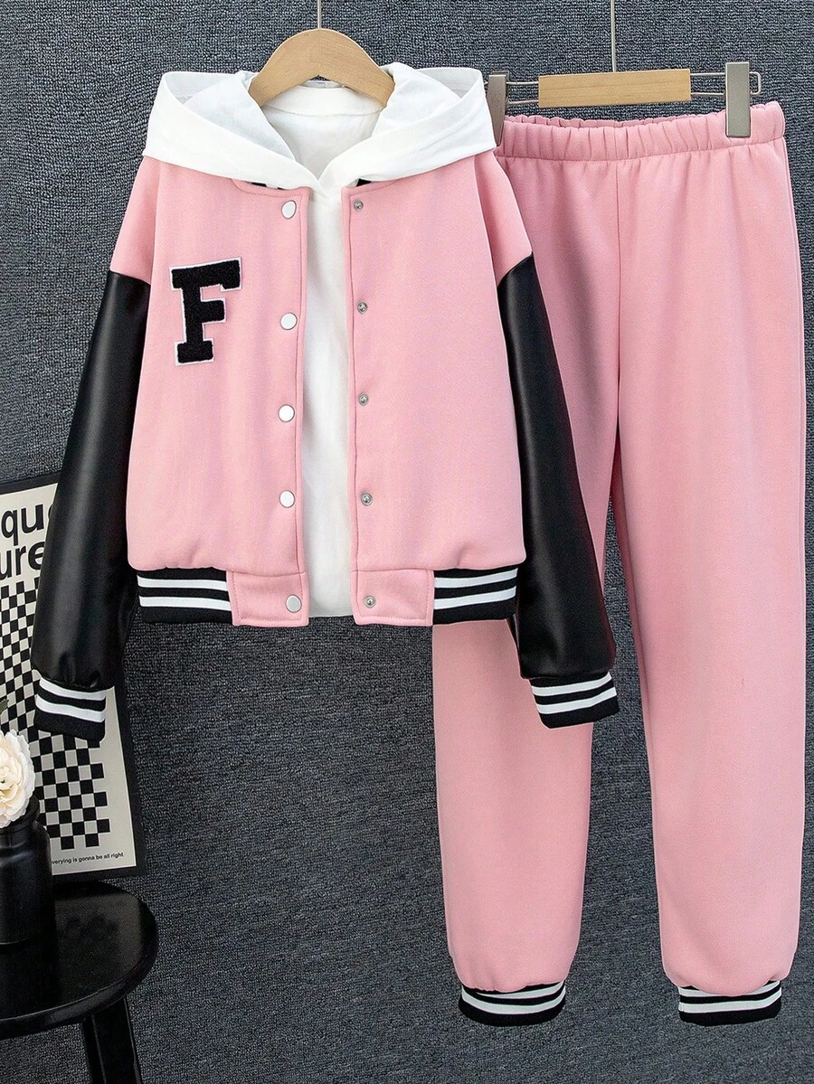SHEIN Tween 女孩 PU 拼布短款粉色棒球夹克和粉色运动裤两件套服装 - 粉色 - 查看 1