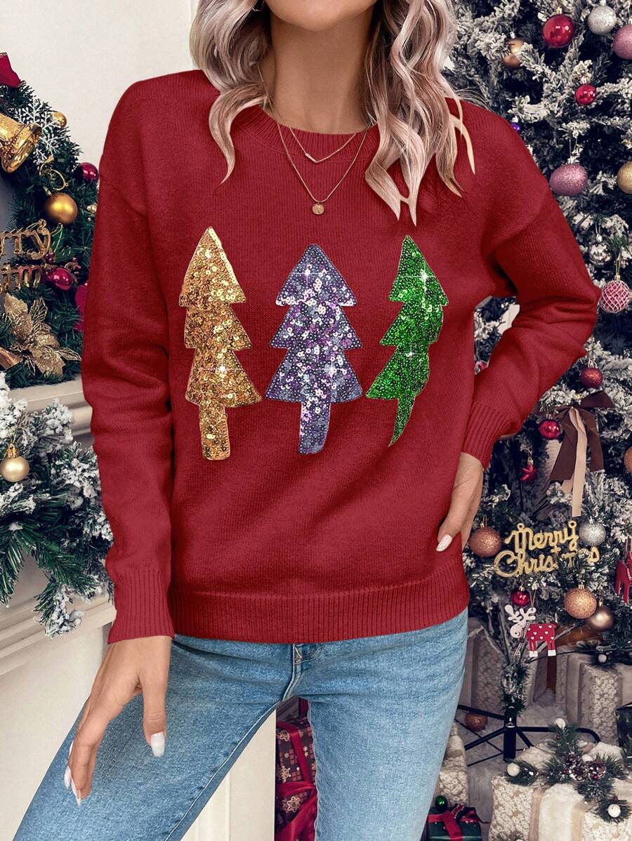 SHEIN LUNE Sequin Christmas Tree Pattern Drop Shoulder Knit Pullover Fall Winter Sweater - Red - View 1