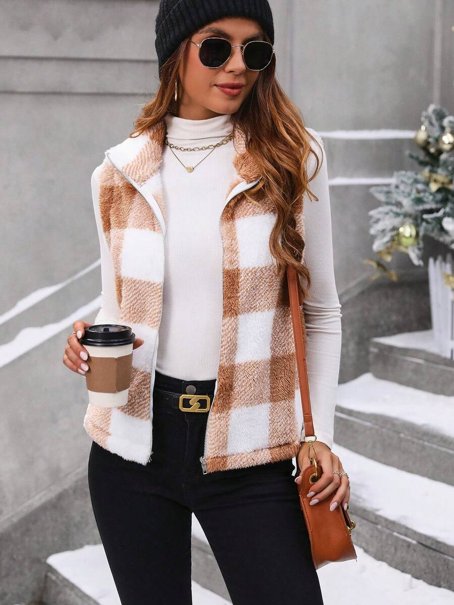SHEIN LUNE Kẻ sọc Khóa kéo-lên Áo khoác - Nhiều màu - Xem 1