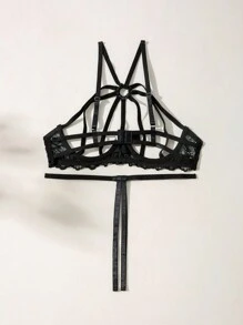 SHEIN Exotic-Bondage Women's Sexy Lingerie Set With Hollow Out Bra And Thong - Black - View 7