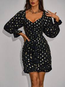 Zolique Gold Dot Print Ruffled Pleated Dress With Flounce Hem - Black - View 5
