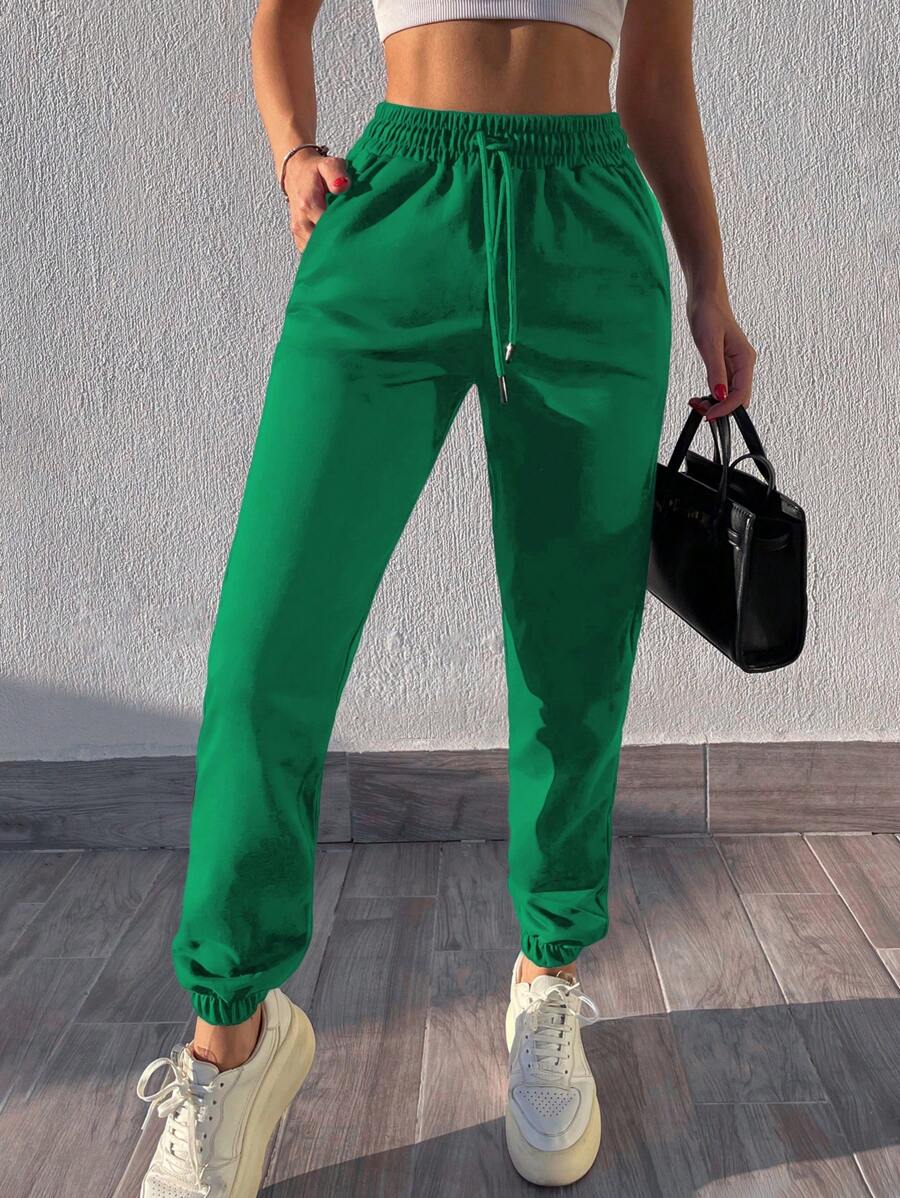 SHEIN Cottnline Women's Drawstring Joggers - Green - View 1