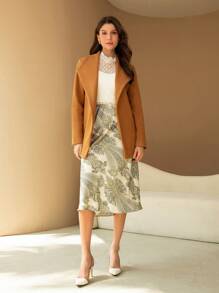 GENKIRA 毛呢大衣,搭配寬大領口和腰帶 - 薑色 - 查看 4