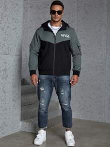 Manfinity Homme Nam Plus Đồ họa Chữ cái Khối màu Dây kéo áo có mũ Áo khoác - màu đen - Xem 3