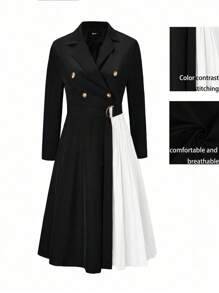 SHEIN Clasi Plus Two Tone Double Breasted Pleated Hem Dress - Black and White - View 1