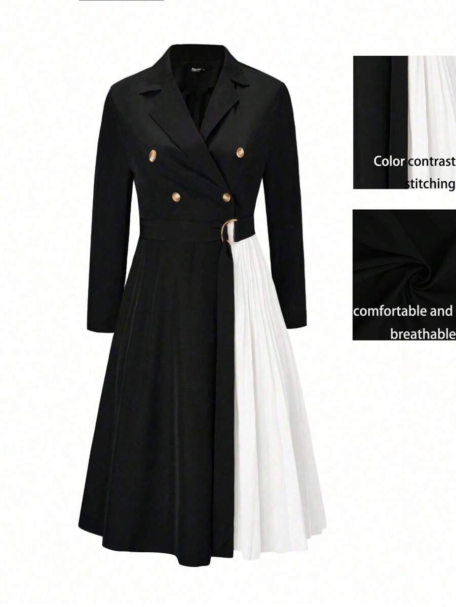 SHEIN Clasi Plus Two Tone Double Breasted Pleated Hem Dress - Black and White - View 1