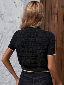 Knit Mix Khối màu Cắt tỉa Mặt trước Nút Áo len Mở - màu đen - Xem 2