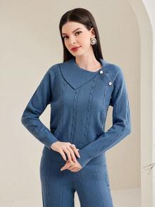 Modelyn Women's Asymmetric Neckline Sweater 2pcs/set - Dusty Blue - View 6