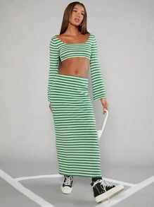 Hauture 條紋針織短袖上衣和裙子套裝 - 彩色 - 查看 4