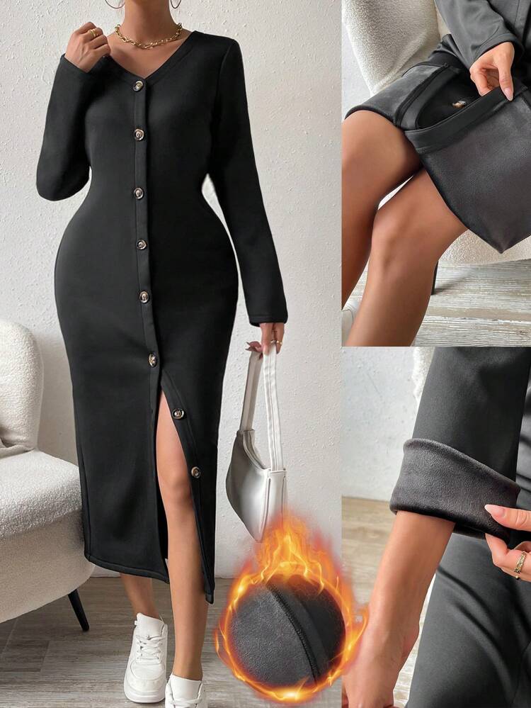 Solid Color Thermal Lined Button Front Dress