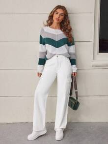 SHEIN LUNE Women'S Straight Cargo Denim Trousers - White - View 6