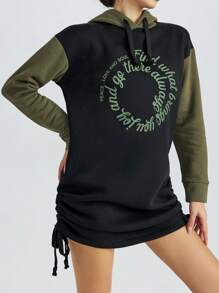 EURMUSE Đồ họa Khẩu hiệu Bên dây rút Váy Hoodie - màu xanh lá - Xem 3