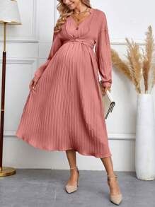 SHEIN Vestido De Punto Con Pliegues Y Torsiones Para Mujeres Embarazadas - Rosa vieja - Ver 3