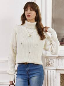 SHEIN Frenchy Women's Heart Embroidery Turtleneck Sweater Winter White Casual - White - View 6